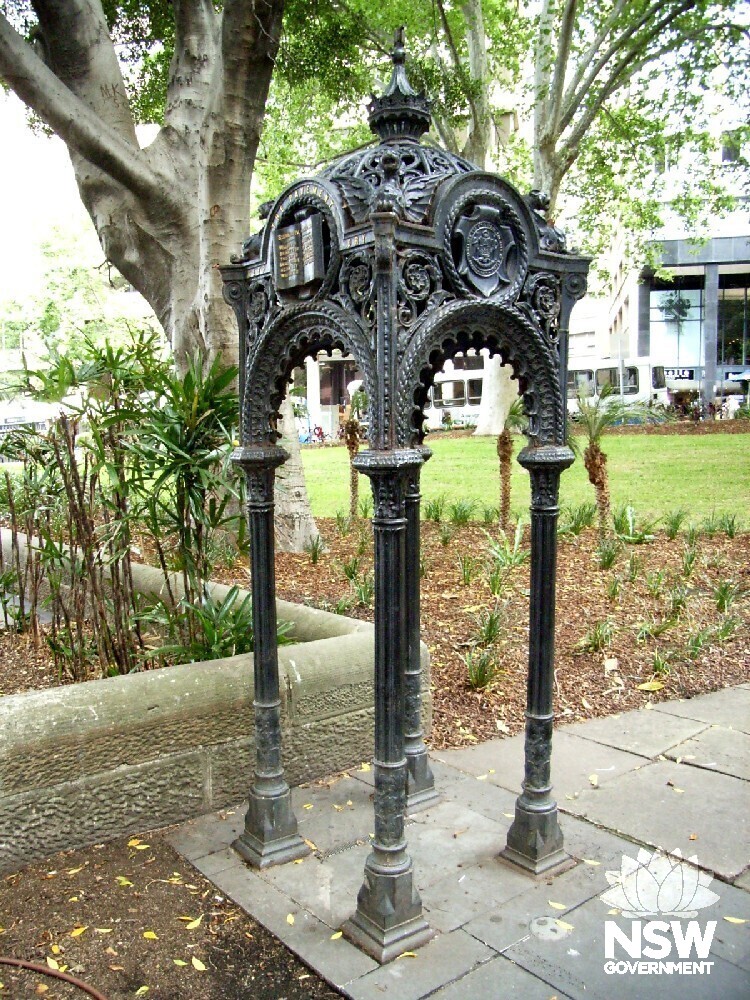 Cast iron drinking fountain (1883) relocated from an earlier location to Macquarie Place.