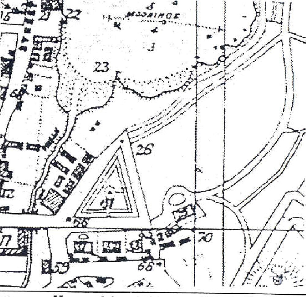 Plan of the Town and Suburbs of Sydney, August 1822 showing the triangular Macquarie Place beside First Government House (70), the Tank Stream, and the original shoreline of Sydney Cove, with the Obelisk marked as 67, and the former Doric fountain as 55