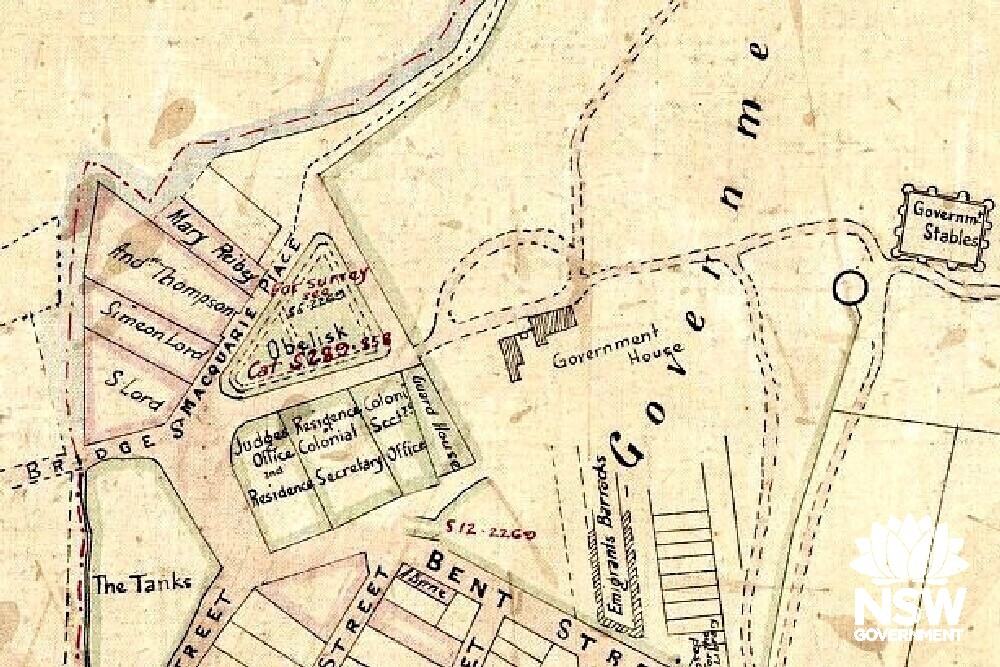 1880 Parish Map showing Macquarie Place and the town centre of the Colony beside First Government House and the original shoreline of Sydney Cove (Circular Quay) during the 19th Century.