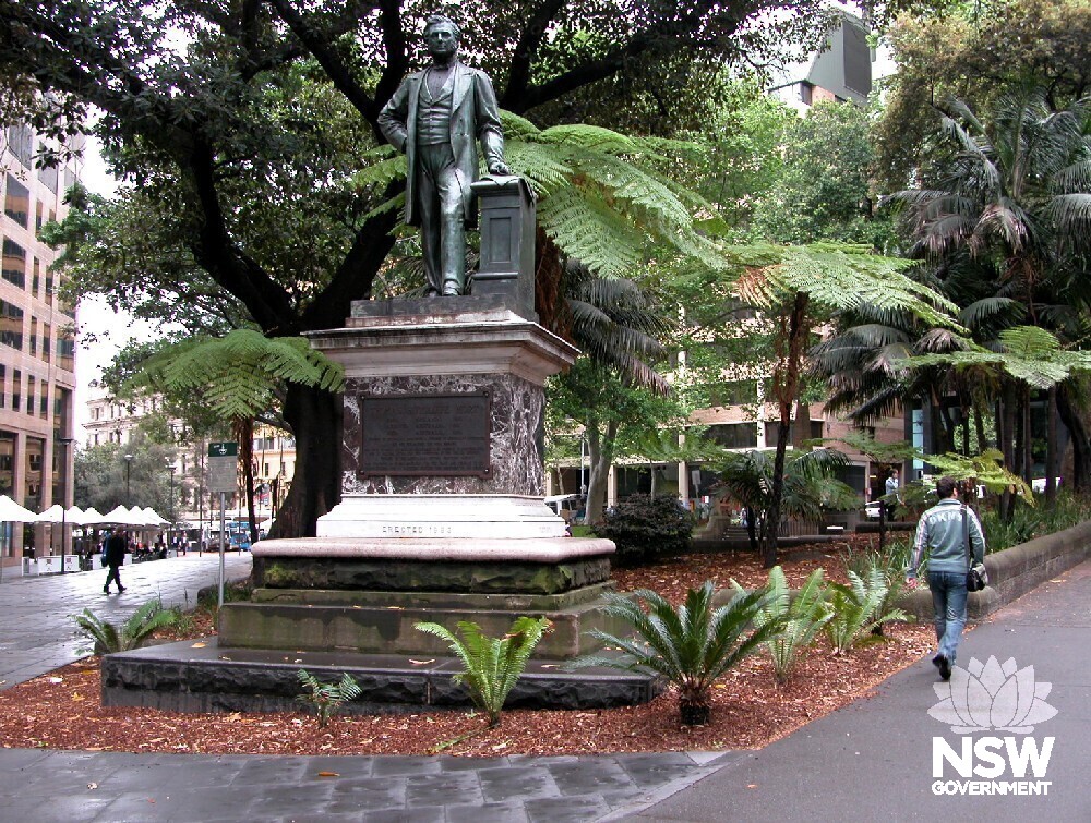 Statue of Thomas Sutcliffe Mort (1883) at the south-west corner of Macquarie Place, located on the site of the 1819-1820 Doric fountain designed by Francis Greenway for Governor and Lady Macquarie.