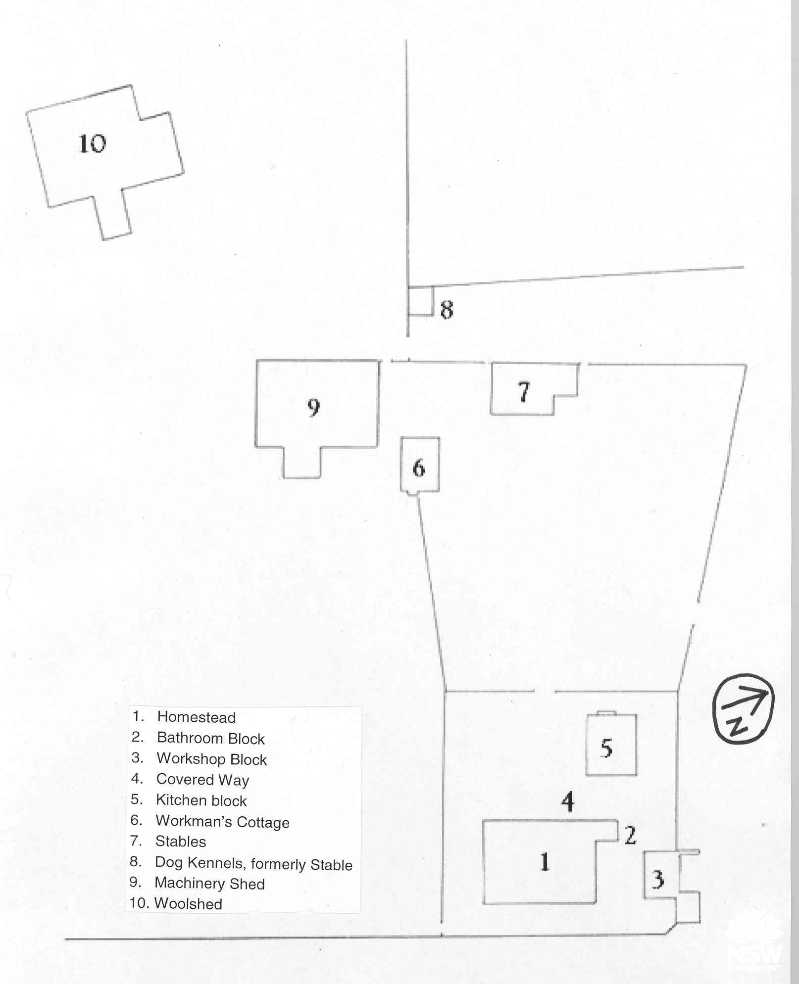 Site plan of Binnawee and outbuildings from John Broadley's Cconservation Management Plan for the site.