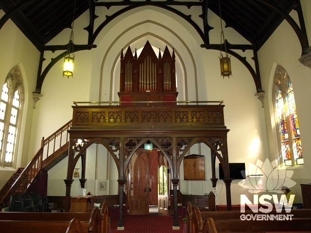 Interior of St John's Anglican Church looking towards organ loft from nave