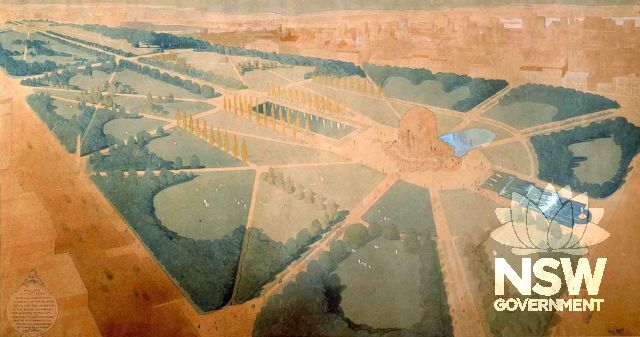 Bruce Dellit's landscape plan for the ANZAC memorial, submitted with his competition entry for the ANZAC Memorial competition in 1930.