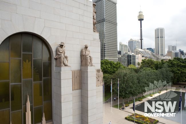 Eastern elevation of ANZAC Memorial with city and Pool of Reflection in background