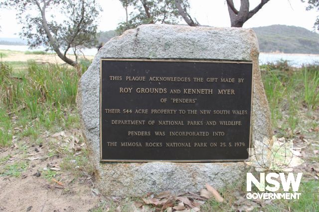 Plaque commemorating the gift by Roy Grounds and Kenneth Myer of the 544 acre (220 hectare) property of Penders to the NSW  NPWS in 1976.