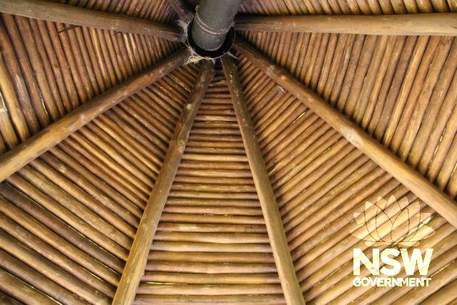 Interior of the Barn's ceiling  in local spotted-gum timber pole construction.