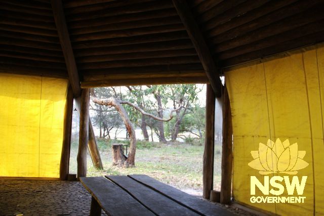 Interior of the Barn, which has roll-up yellow canvas walls.