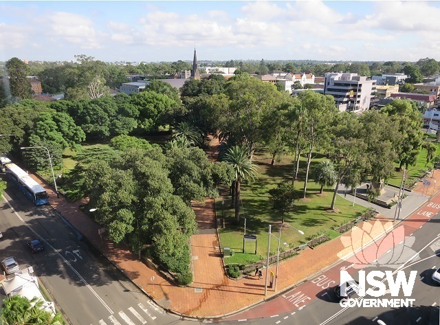 View looking north-west across Prince Alfred Square (with south east corner & Market St archaeological area in foreground)