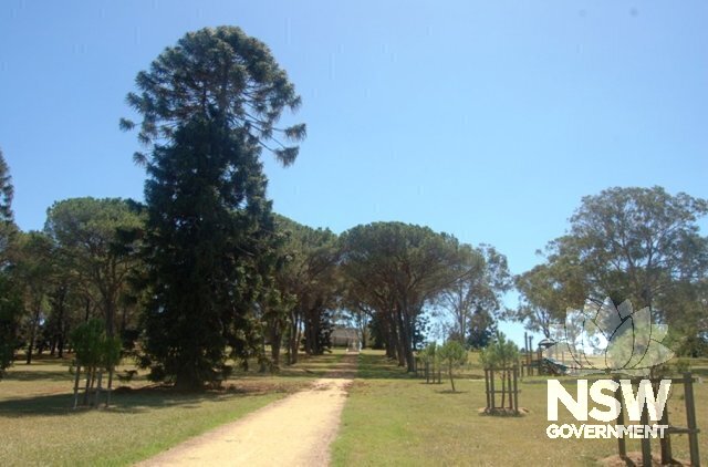 Wilberforce park, looking north along the pathway from the Memorial gates to the War Memorial and St John's Anglican Church.