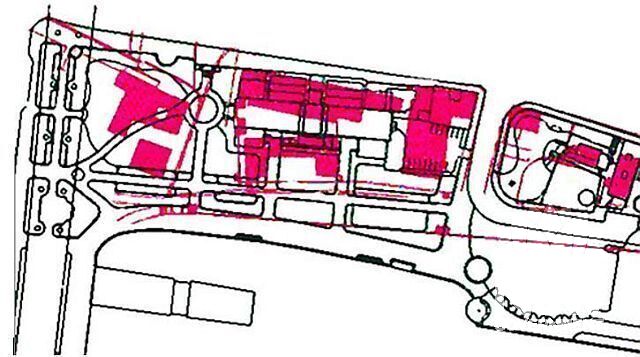 Overlay of archaeological building footprints in red onto modern street plan