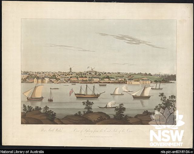 View of Sydney from east side of the cove, before 1810. National Library of Australia collection. At left is Isaac Nicholls' large new residence and warehouse with his original single storey house adjacent. Work on the Commissariat Stores (completed 1810)