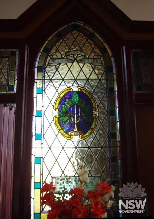 Stained glass window near entrance to church