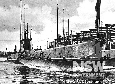 HMAS AE1 and AE2 tied up alongside Garden Island after arrival in 1914, the first submarines in the Royal Australian Navy and in any southern hemisphere navy