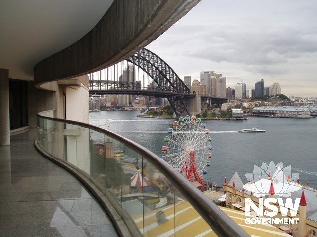 Balcony looking over Luna Park towards the Sydney Harbour bridge.