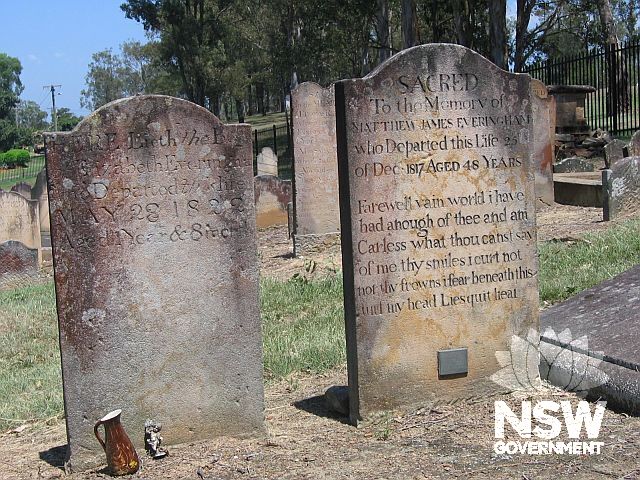 Everingham family headstones in Wilberforce Cemetery for Matthew (d. 1817) and Elizabeth (d. 1822) Everingham. Matthew Everingham arrived with the First Fleet in 1788 and became a noted early Hawkesbury settler.