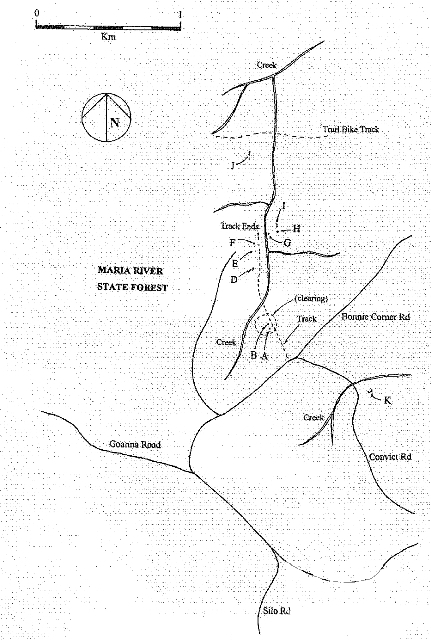 Site map with approximate location of features. A - guardhouse, B - stones set in lime mortar, C - treeless grassy area, D -possible explorative digs for limestone, E water filled depression, F - cookhouse, G - rubble.stone piles, H - Limestone block
