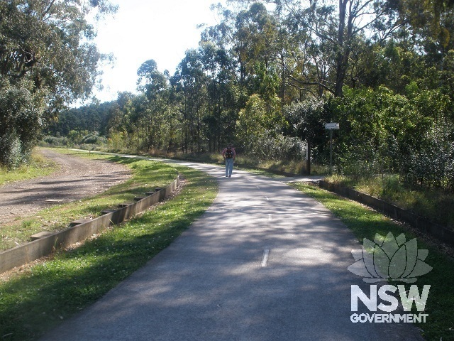 The infilled Lower Canal pedestrian/cycleway in 2014, revealing the top 20 cms of the concrete Monier plates and piers. The gravel access road is to the south.
