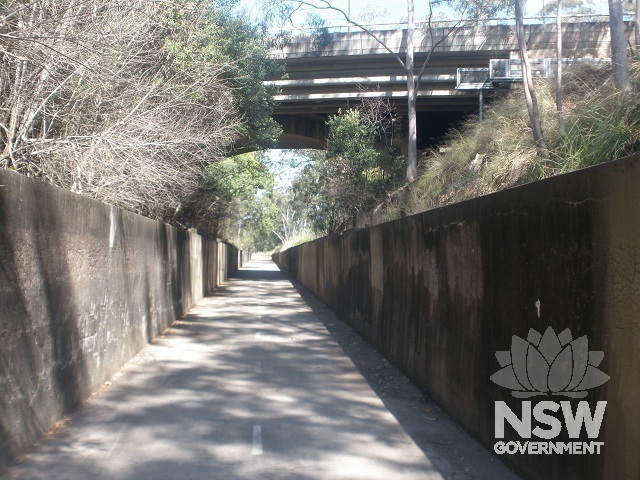 The infilled Lower Canal beneath Gipps Road overbridge in 2014 showing part of the 1902-12 in-situ cast reinforced concrete lining of the canal in emabankment.
