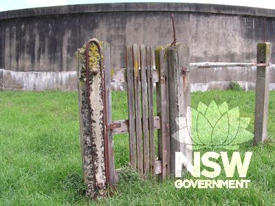 Kenny Hill Reservoir - timber gate with reinforced concrete posts - in poor condition.