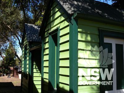 Denham Court house -  1850s timber toilet block built for Miss Lester's School for Girls to north of games room - south elevation