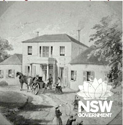 Historic watercolour painting of Denham Court, Campbelltown Road, Ingleburn (undated) held in Campbelltown City Library (Ref 001\001579)