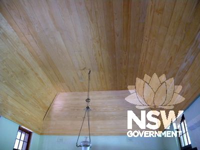 Denham Court house:  kitchen interior - coffered timber ceiling