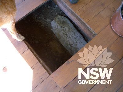 Denham Court house:  north kitchen verandah - sandstone footing beneath verandah floor
