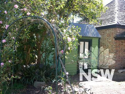 Denham Court house -  1850s timber toilet block built for Miss Lester's School for Girls to north of games room - west elevation