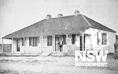 Historic photo c. 1870 - former Campbelltown Post Office, Queen Street (opposite Patrick Street) , Campbelltown with unidentified man on front veranda - Campbelltown City Library Image No. 001\001850