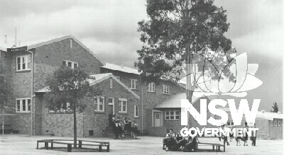 Cessnock High School looking at rear of Mulbring Street building from within quadrangle, date unknown