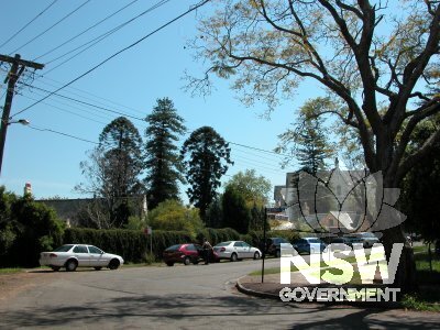1 Fleet Street, Parramatta. Norma Parker Centre from street. Showing large trees, wall, and some of the rooflines.