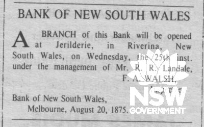 Bank of New South Wales: Opening in the Area: Jerilderie. Taken from the Our Heritage Newspaper, Deniliquin Library LH Files, Taken by Ms. Lis Connor; RE:Deniliquin Council Heritage Inventory Photographs.1500010b20.jpg