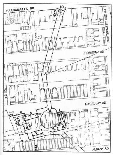 Map from page 179 of Roberts, Alan Marine Officer, Convict Wife: The Johnstons of Annandale, Annandale Urban Research Association in assocation with Barbara Beckett Publishing, 2008. Map shows current and former location of the gatehouse.