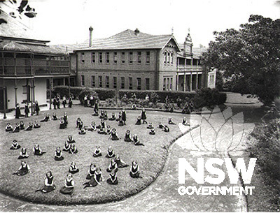 Orphan girls on the lawn in front of St Brigid's convent, Victoria Road Ryde with Squireville at left, c.1938 Source: Ryde Library Local Studies Ref No. BRN 71275