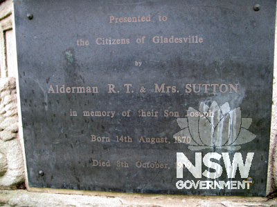 Detail of plaque on monument, Monash Park, 142 Ryde Road, Gladesville