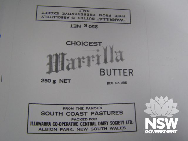 Original 'Warrilla' brand butter label, Tongarra Museum collection.