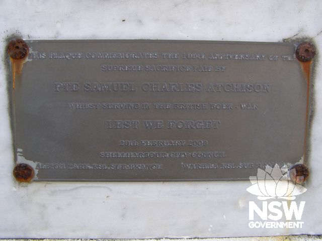 Pte Samuel Charles Atchison Plaque.