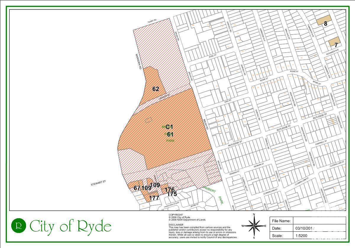 Map of Brush Farm Park Conservation Area (hatched red), with heritage items marked orange