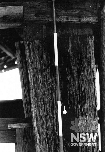 Stables, detail of pegged mortice and tenon. Scale in 200mm divisions.