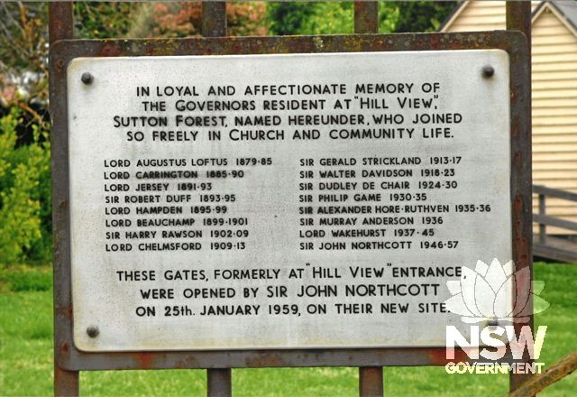 Plaque on gates at All Saints Church, Sutton Forest