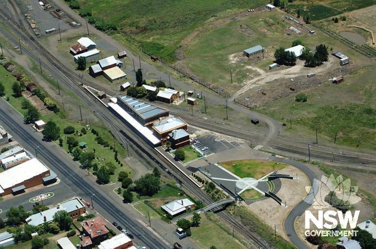Aerial view of Werris Creek railway precinct, including Australian Railway Monument