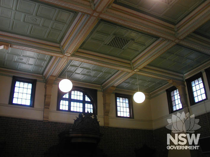 The ornate coffered ceiling in the courtroom in Cootamundra Courthouse.