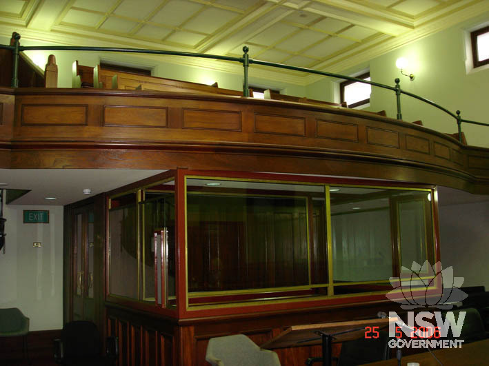The public gallery and prisoner dock in one of the courtrooms in Sydney Central Local Courthouse.