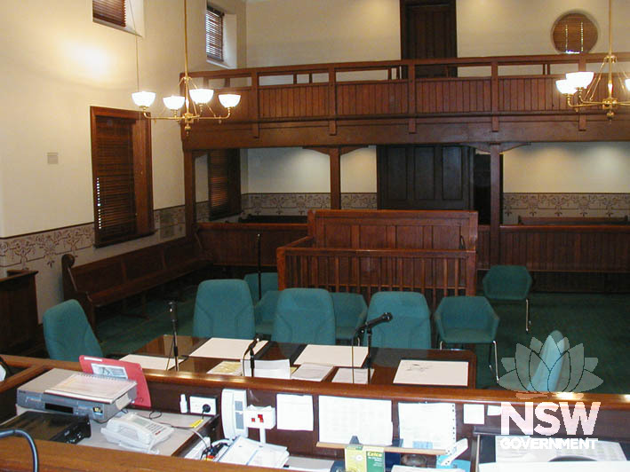 The courtroom of Cowra Courthouse, showing public gallery.