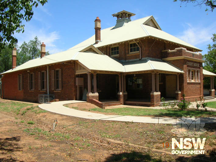 Nyngan Courthouse viewed from the east, showing the deep verandahs at the front of the building.