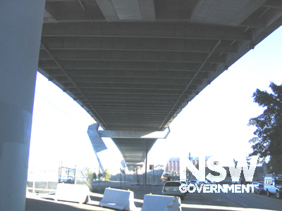 View west under eastern approach spans showing transverse deck beams framing to longitudinal edge beams