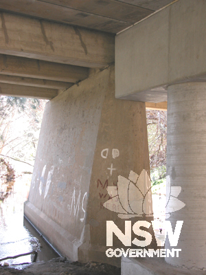 Mass concrete pier with upstream cutwater. Circular pier of widening is on right.