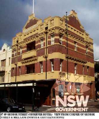 66-69 George Street (Observer Hotel), view from corner of George Street and Mill Lane, north and east elevations 1997