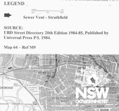 Map showing the location of the Strathfield Sewer Vent. Source: UBD Street Directory, 20th Edition 1985-84. Published Universal Press P/L 1984. Map 64.