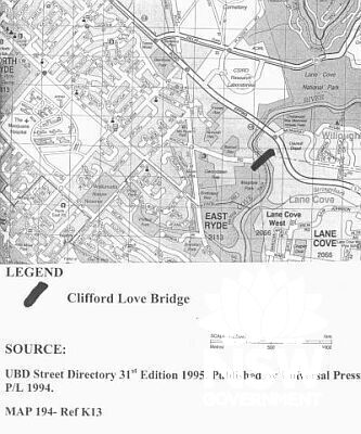 Map indicating the location of Clifford Love Bridge. Source UBD Street Directory, 31st Edition, 1995. Published Universal Press P\L 1994. Map 194 Ref K13.